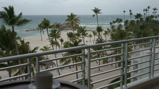 Un balcón con vista a una playa, palmeras y el océano.