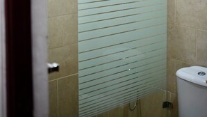 Ducha envuelta en vidrio con cabezal de ducha de mano y grifo empotrado.