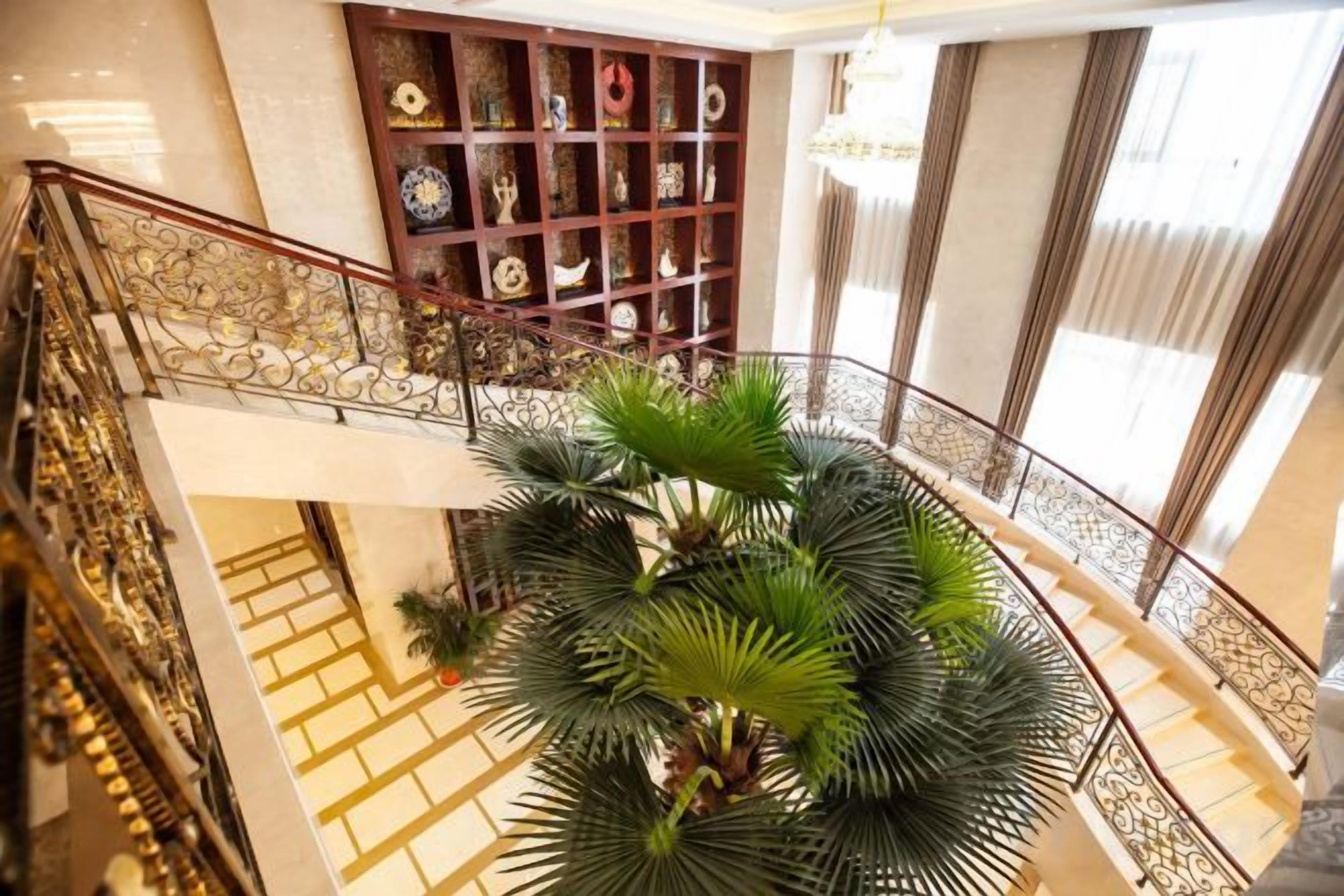 A multi-level interior with a staircase, a decorative wall with ceramic items, and a large potted plant.