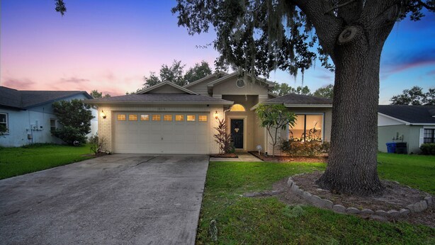 A single-story house with a garage, a front yard with a large tree, and a well-maintained lawn. - Charming 3-bedroom Pet Friendly house in tranquil Riverview (Riverview)