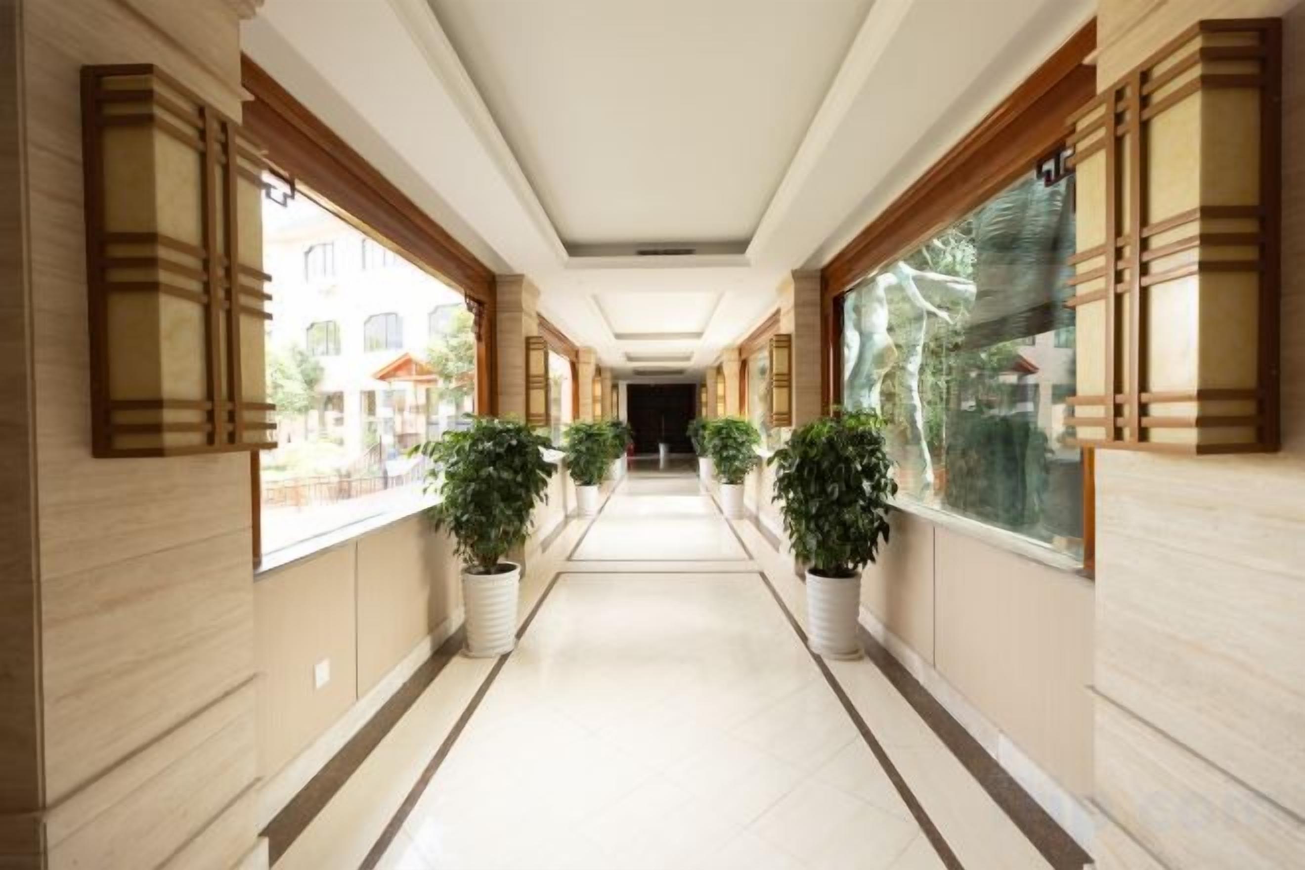 Un pasillo con plantas en macetas, paneles de madera y ventanas amplias.