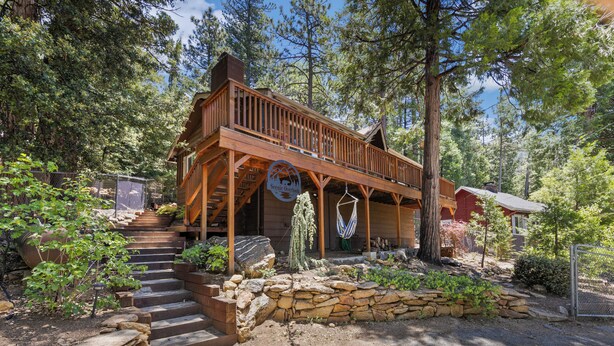A wooden cabin with a porch, stone steps, and a stone wall. - Central Heat & Air, WiFi, Wall Mural and Fully fenced minutes from downtown (Idyllwild-Pine Cove)