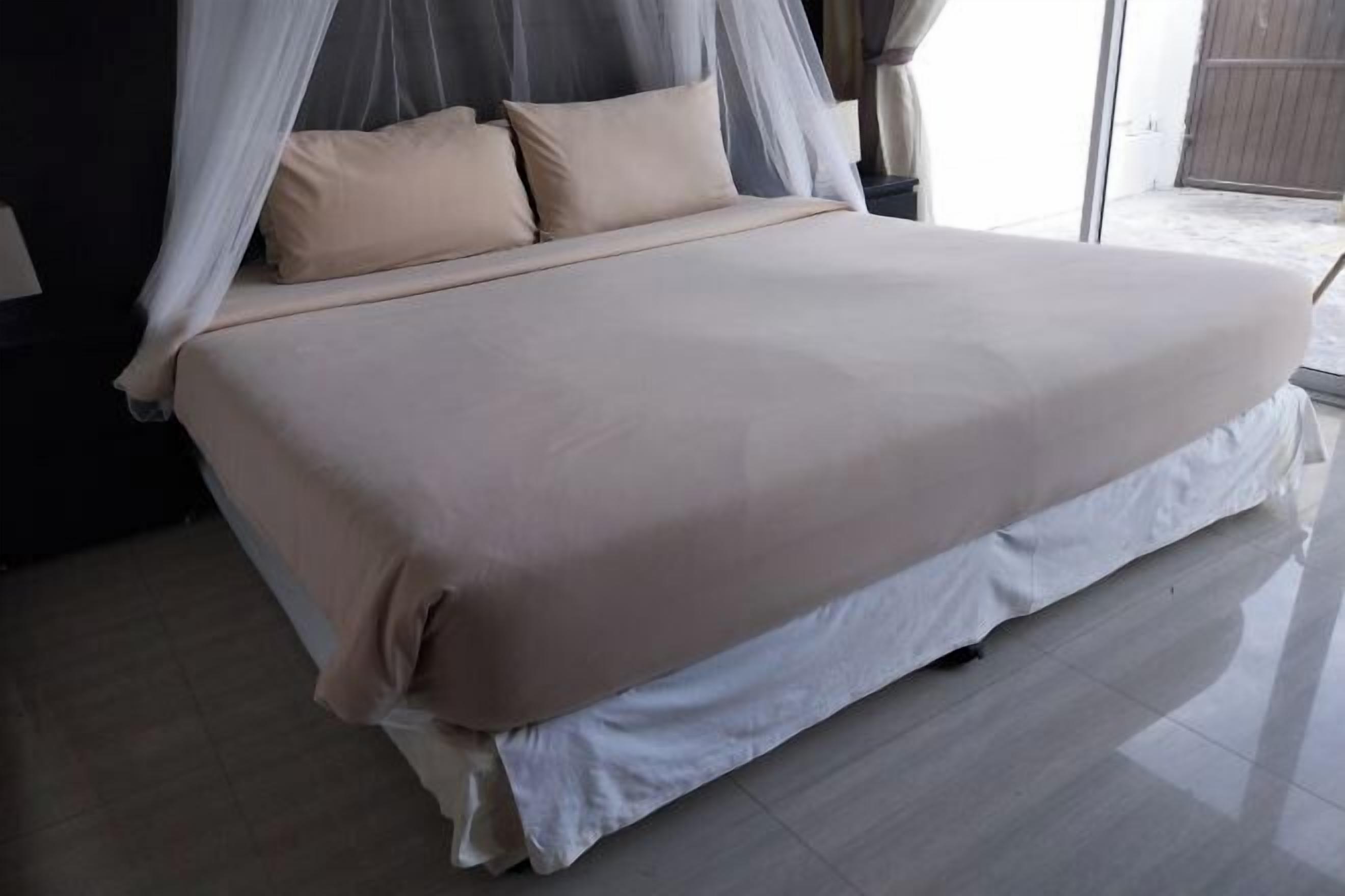 A bed with a canopy, white bedding, and a view of a wooden door.