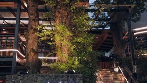 Una scala in pietra conduce a un edificio con un cartello che riporta la scritta "Hotel".
