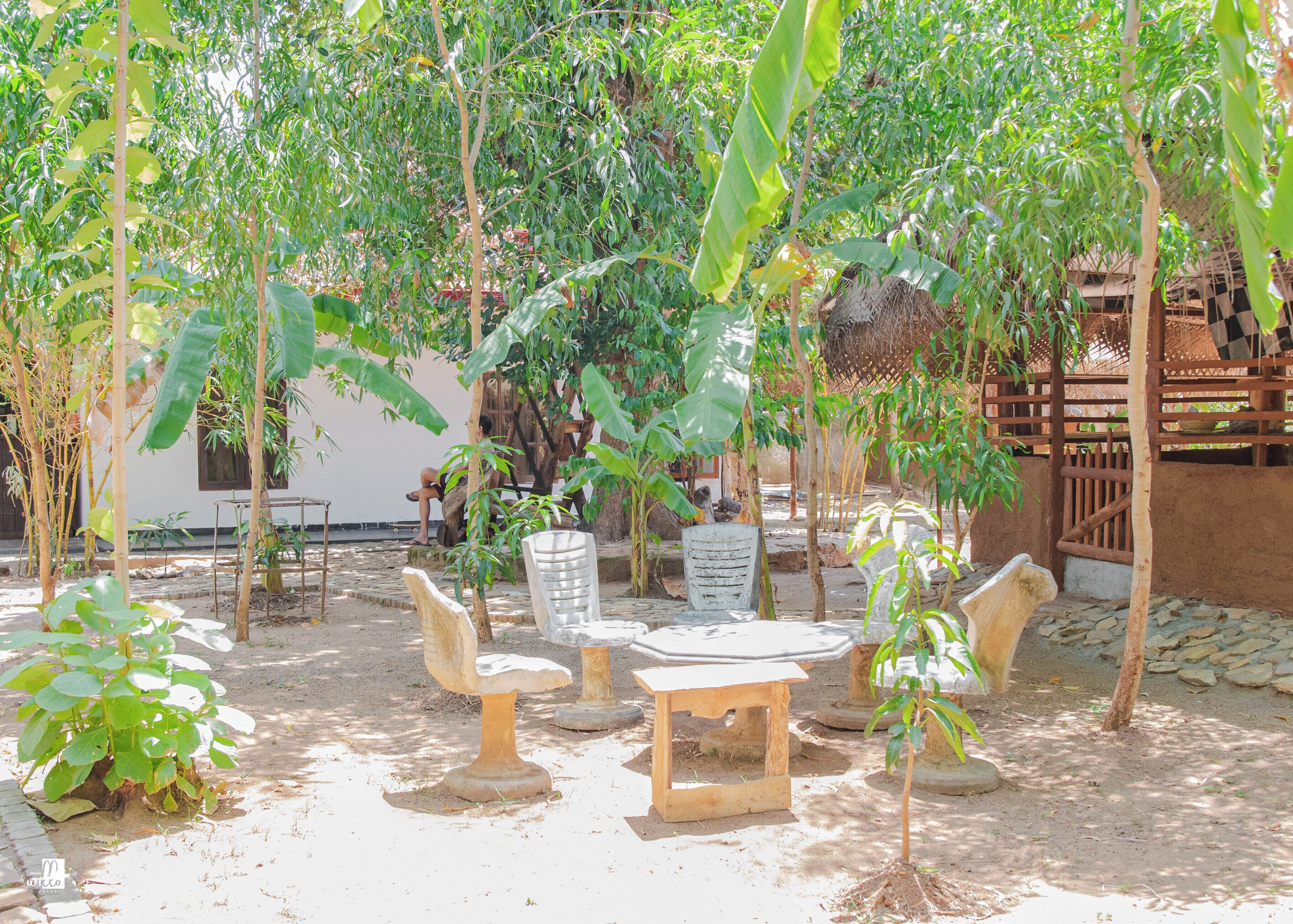 Un espacio al aire libre con mesas y sillas de piedra, rodeado de abundante vegetación y árboles.