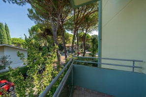 Ein Balkon mit Blick auf ein Wohngebiet, einschließlich Bäume und parkenden Autos.