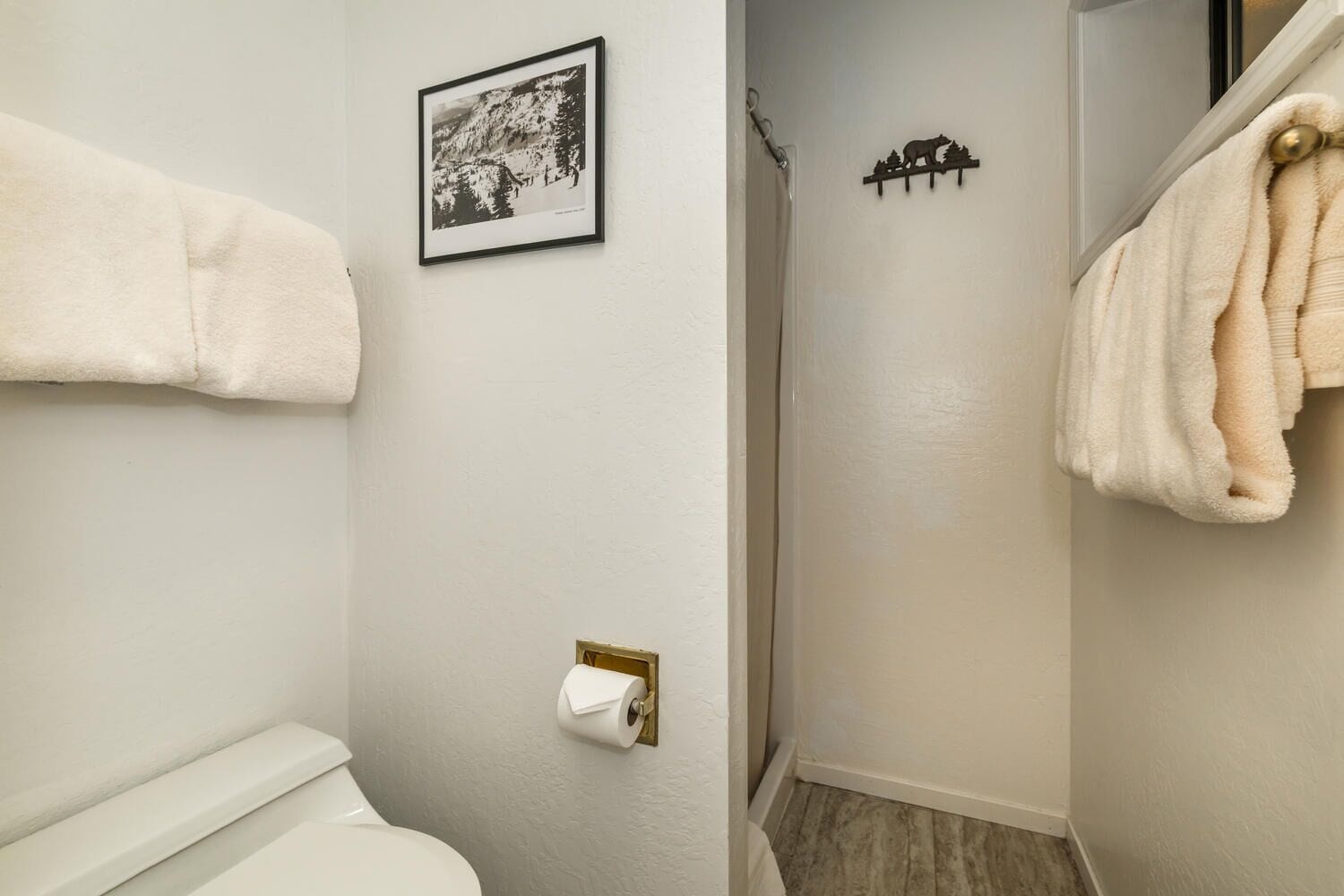 Un baño con inodoro, un cuadro en la pared, un dispensador de papel higiénico y un perchero con una toalla.