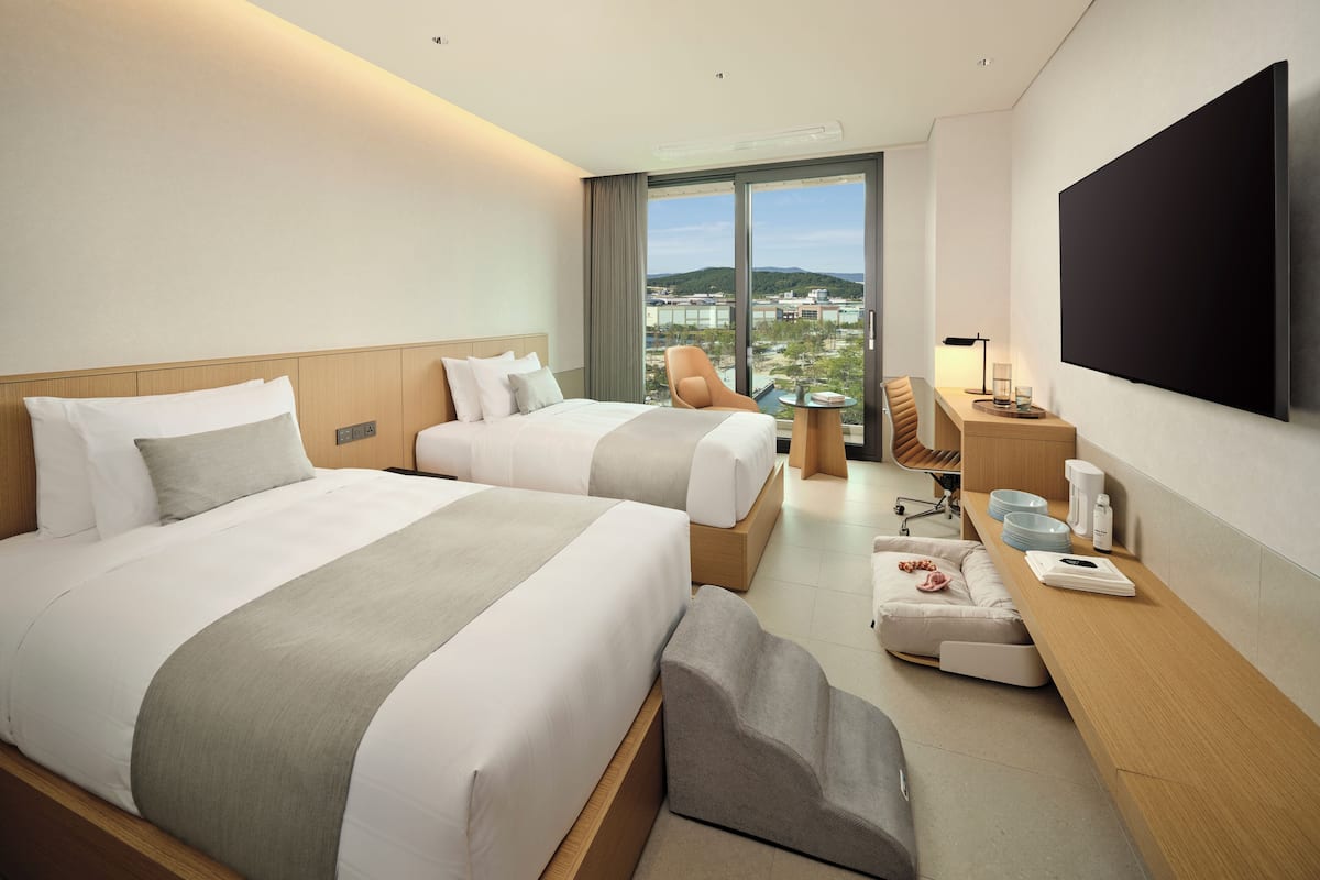 A hotel room with two beds, a TV, a desk with a chair, and a view of the city.