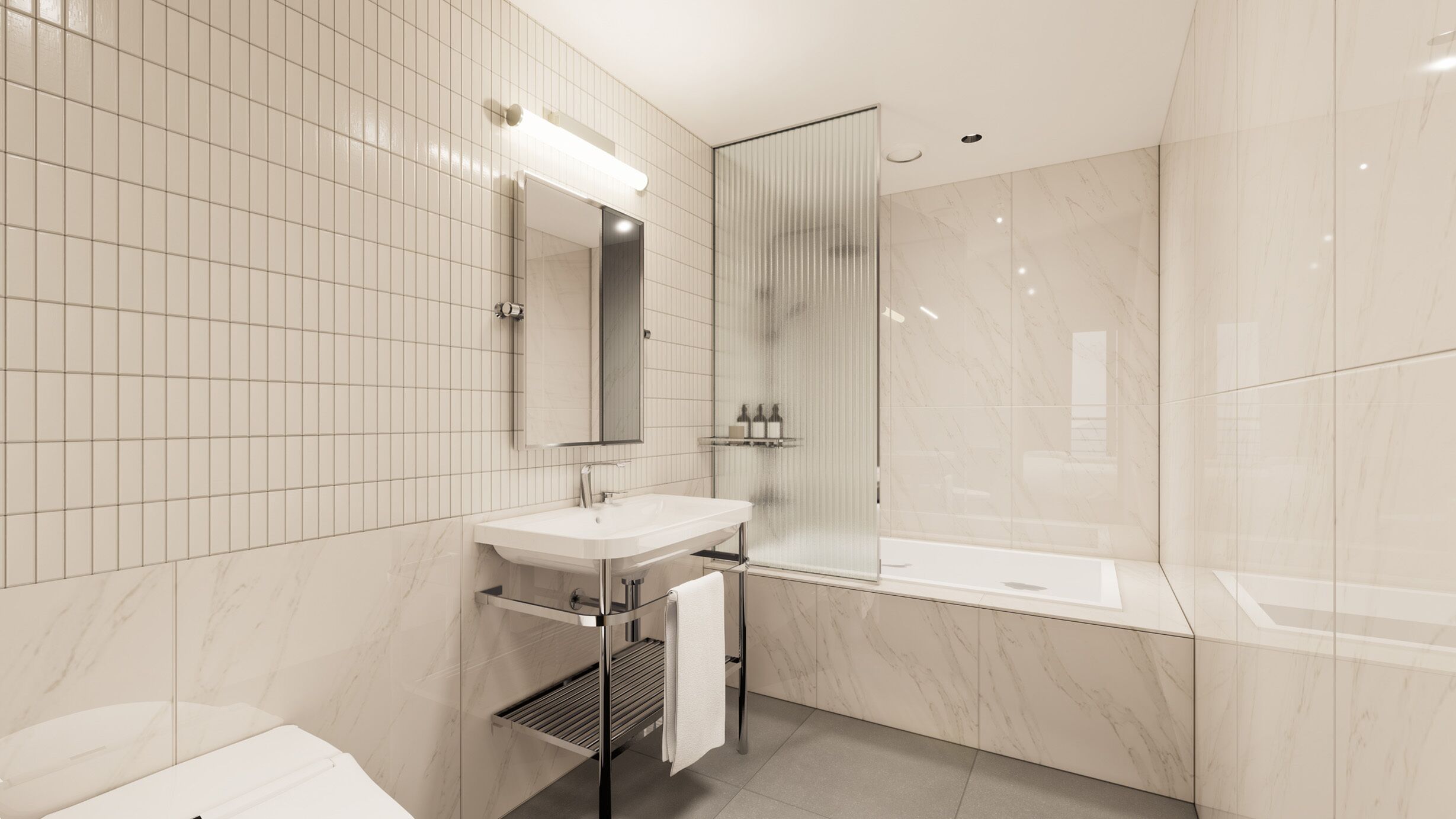 Ein modernes Badezimmer mit Waschbecken, Spiegel und Dusche in Weiß.