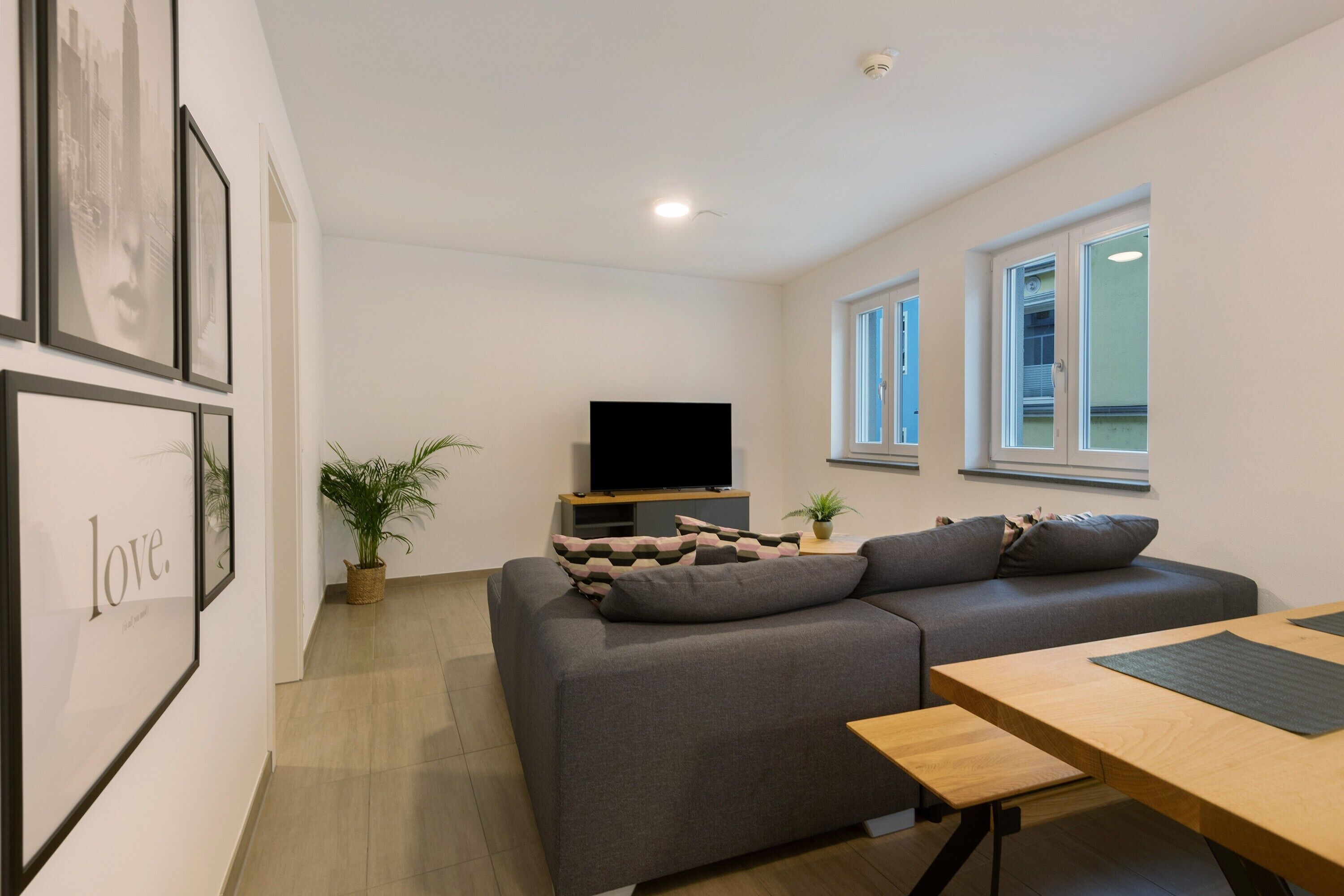 A modern living room with a sofa, a TV, a small table, and a potted plant.
