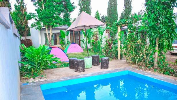 Une piscine dont le bord est bleu, entourée de verdure et agrémentée d’un petit kiosque.