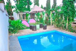 A swimming pool with a blue edge, surrounded by greenery and a small gazebo. - Ngorongoro Villa and Restaurant Karatu  (Karatu)