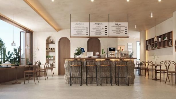 A modern bar area with a menu board, bar stools, and a view of the outdoors. - Mai Peng Hotel (Qingguo Lane, Changzhou Railway Station) (Changzhou)