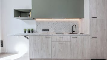 Full-sized fridge, microwave, stovetop