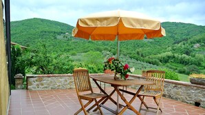 An outdoor patio with a table and chairs, an umbrella, and a vase with flowers. - Tuscany Country Retreat for 12 at Santo Stefano Winery near Greve in Chianti (Firenze)