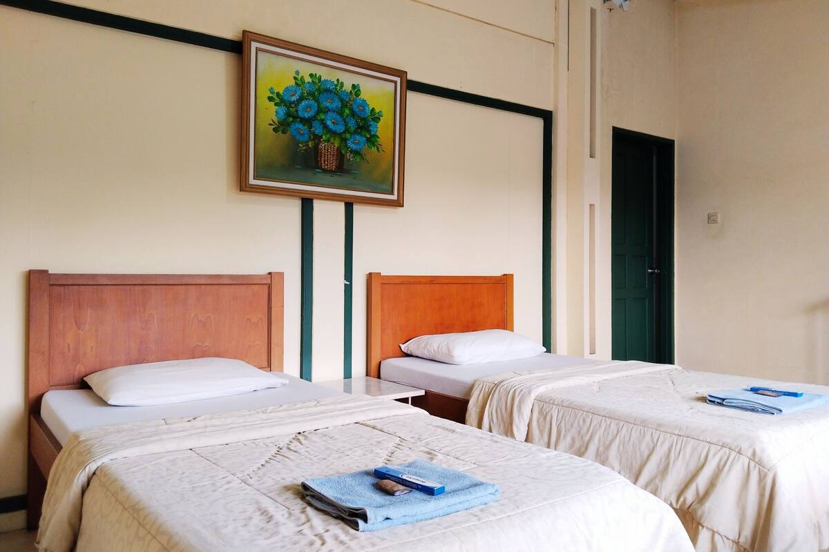Een hotelkamer met twee eenpersoonsbedden, een houten hoofdbord, een bloemschilderij en een groene deur.
