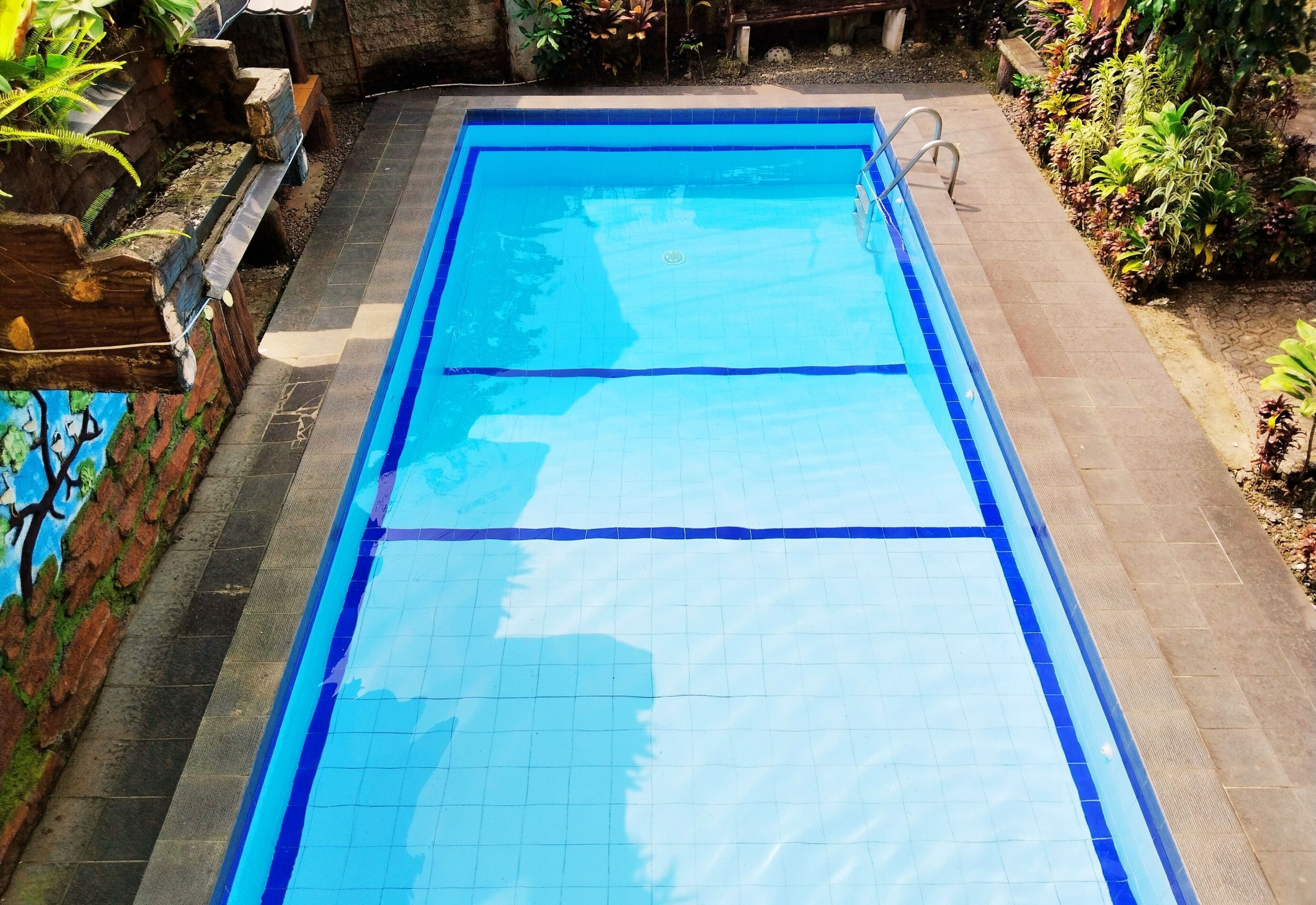 A rectangular swimming pool with a tiled edge and a metal ladder.