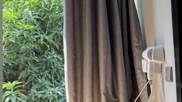 Une fenêtre avec un rideau, un appareil blanc fixé au mur, et une vue sur la verdure à l’extérieur.