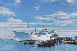 A large cruise ship docked at a port with multiple smaller boats nearby. - JUNTING HOTEL (Zhanjiang)