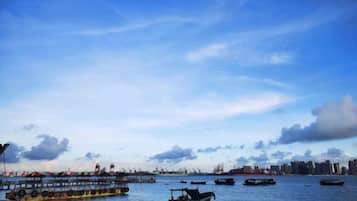 A waterfront with boats and a distant city skyline.