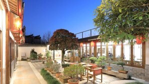 A courtyard with potted plants, seating areas, and a large tree.