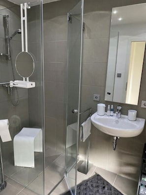 Shower, free toiletries, hair dryer, bathrobes