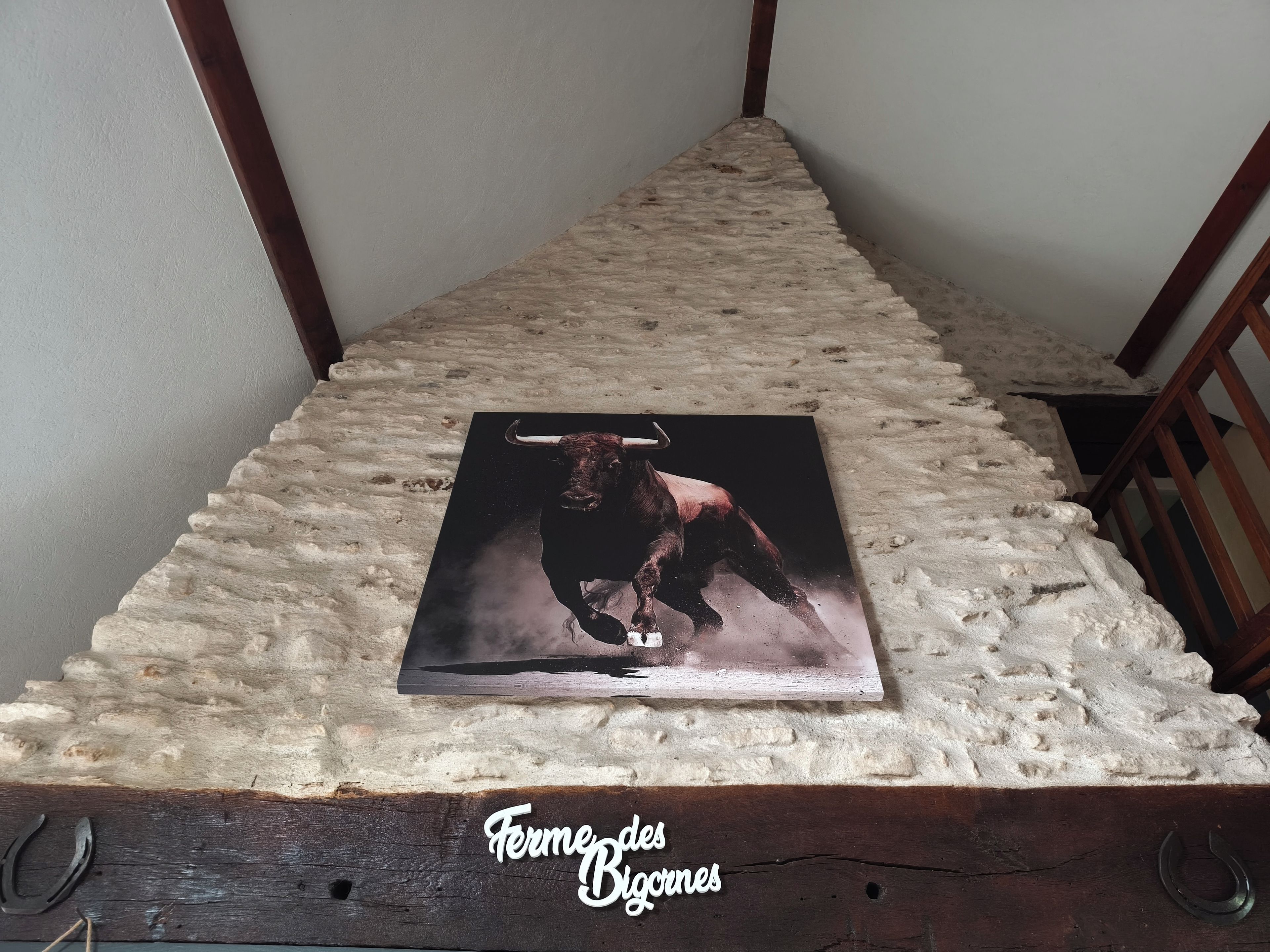 En inramad tavla som föreställer en tjur, placerad på en strukturerad yta i ett hörn av ett rum.