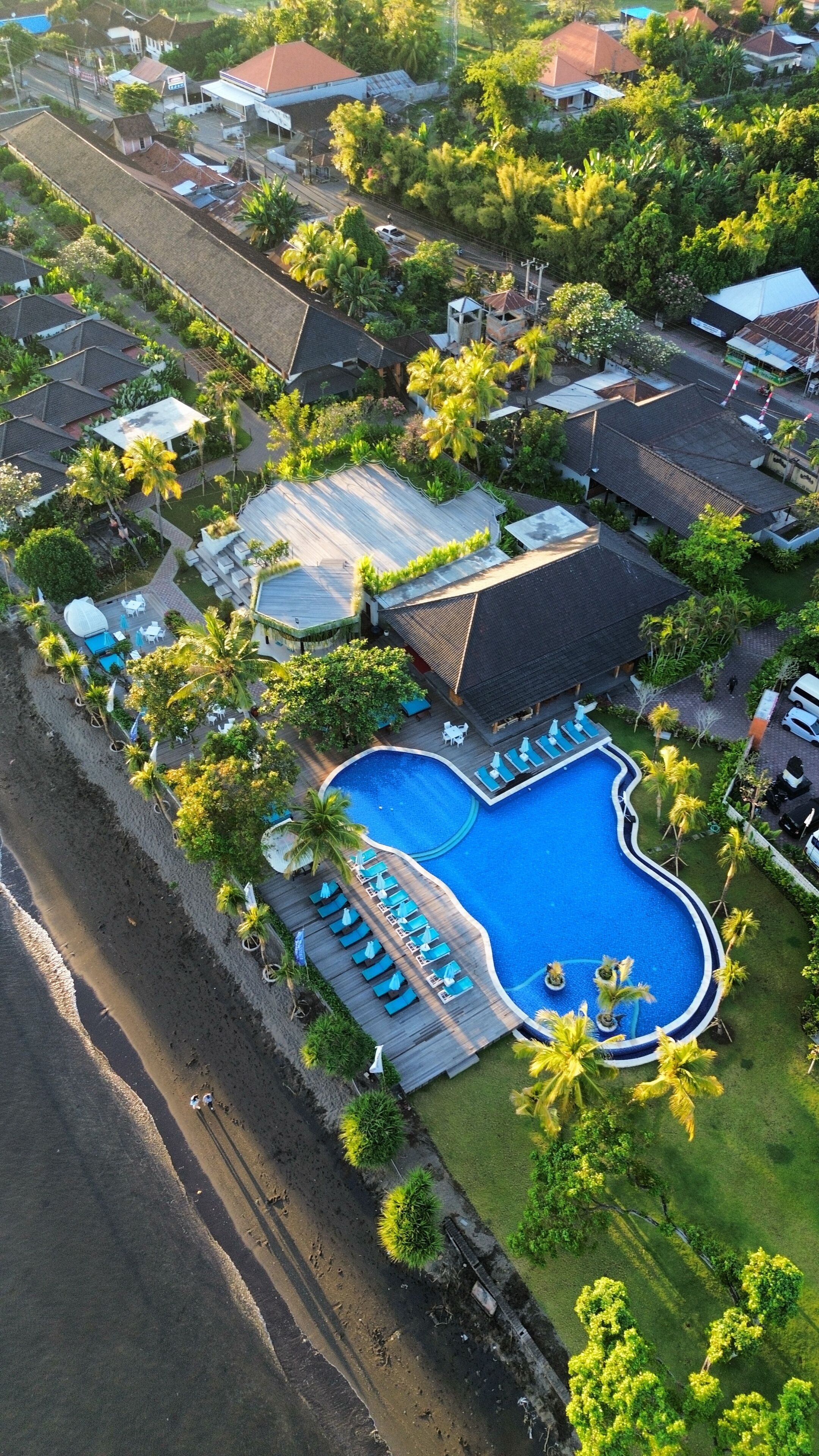 An aerial view of a resort with a swimming pool, lounge chairs, and a beach area.