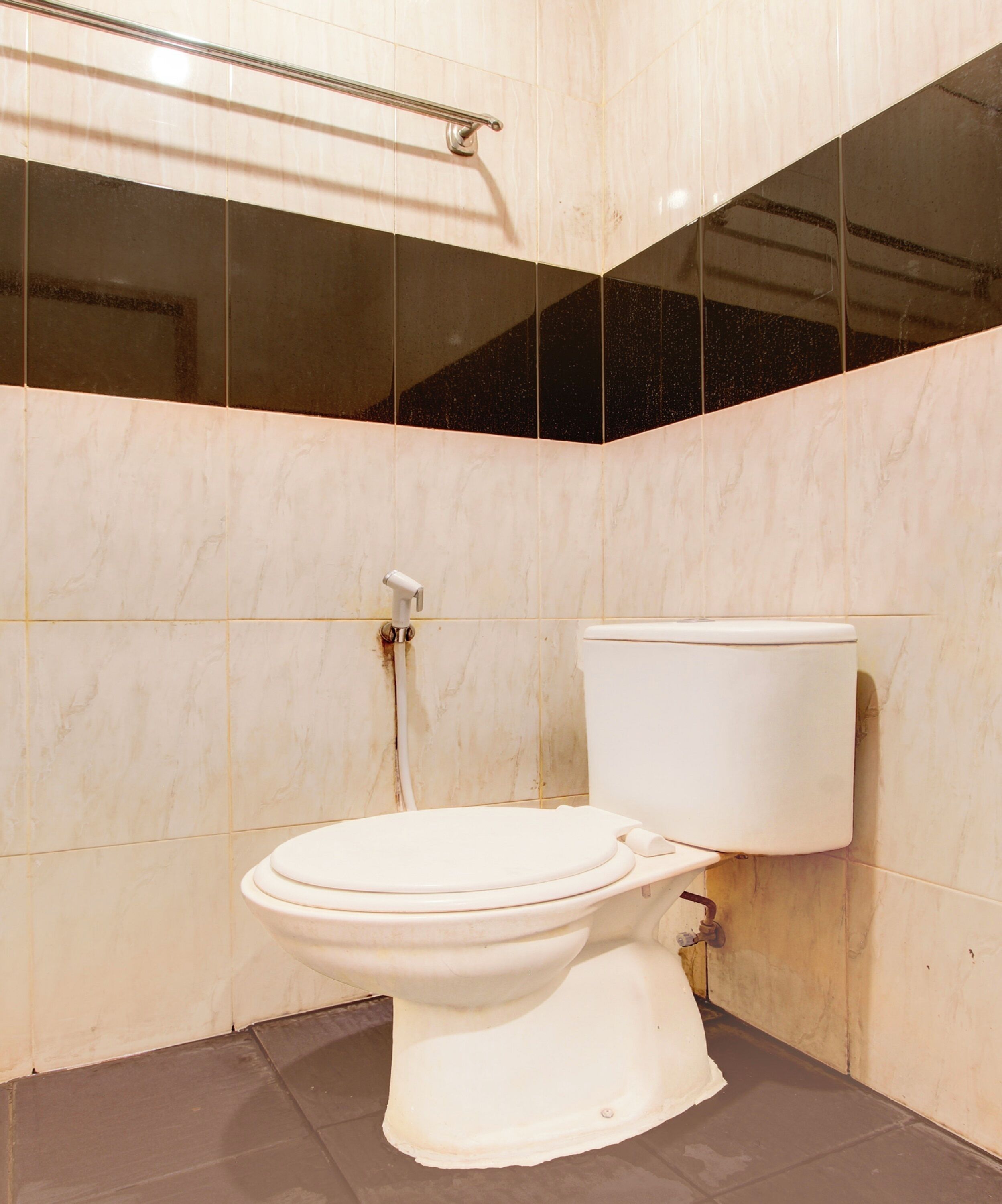 A bathroom with a toilet, a handrail, and tiled walls.