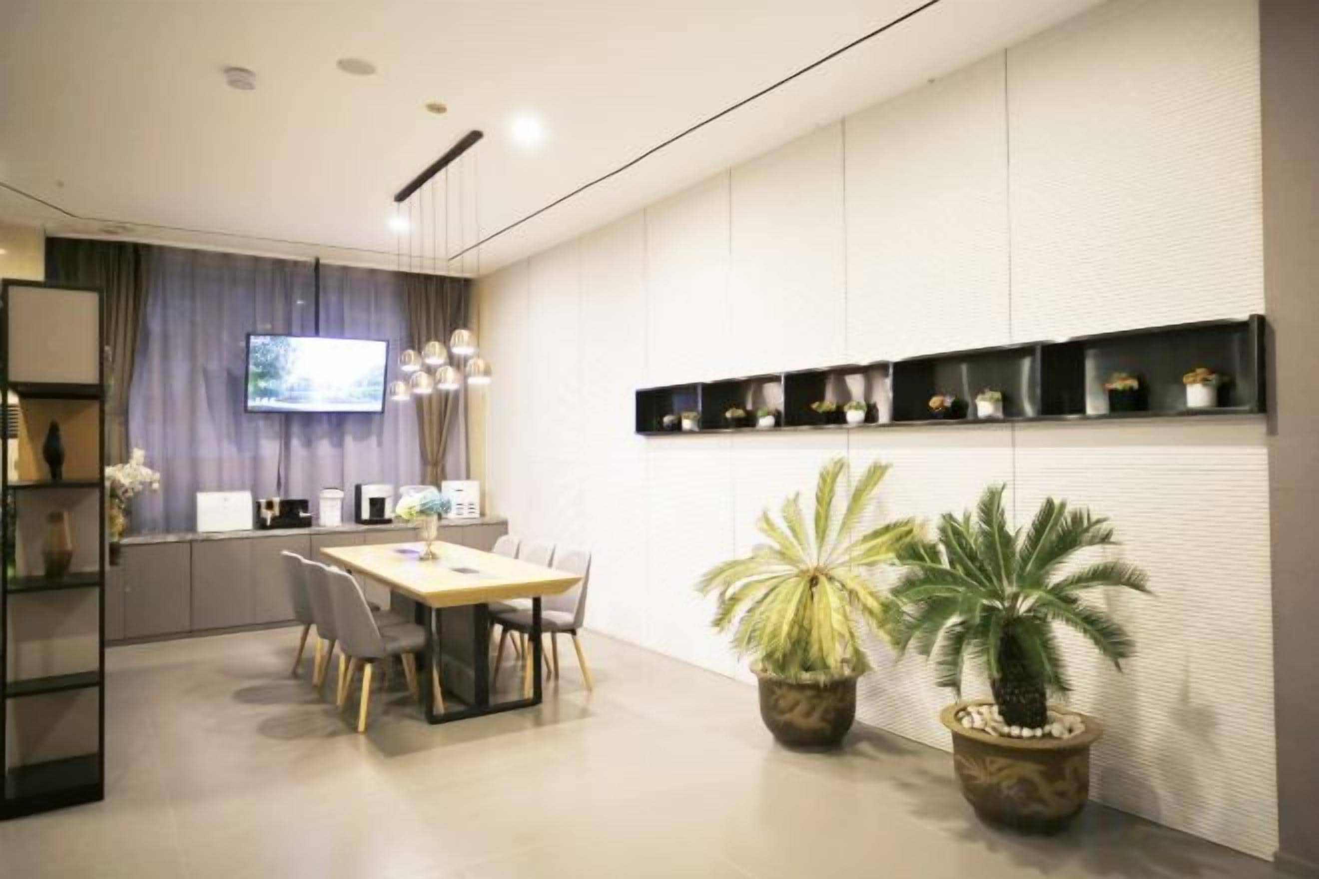 A modern dining area with a table and chairs, a television, and decorative plants.