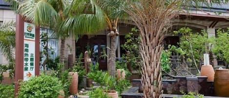 A hotel courtyard with palm trees, potted plants, and a stone pathway.