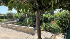 A tree-lined outdoor area with a paved walkway, a stone wall, and a green fence. - Garden villa – your relaxed base to explore West Sicily (Custonaci)
