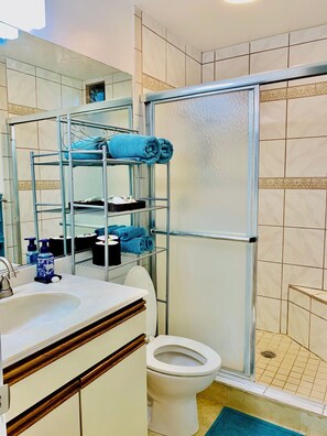 Douche, sèche-cheveux, serviettes fournies, savon