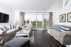 Een televisie, een open haard, een dvd-speler en een stereo