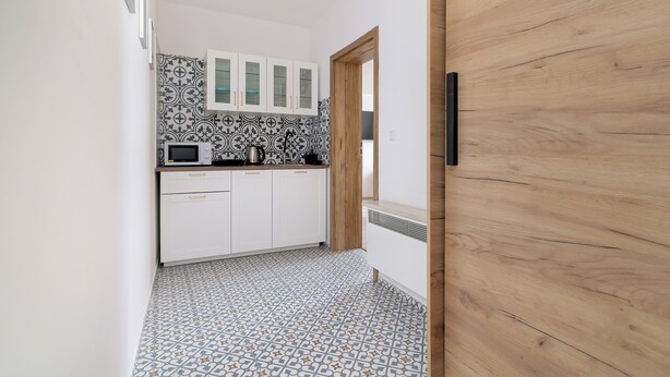 Apartment, 1 Schlafzimmer, Küche | Eigene Küche | Wasserkocher mit Kaffee-/Teezubehör, Kühlschrank, Mikrowelle, Herdplatte