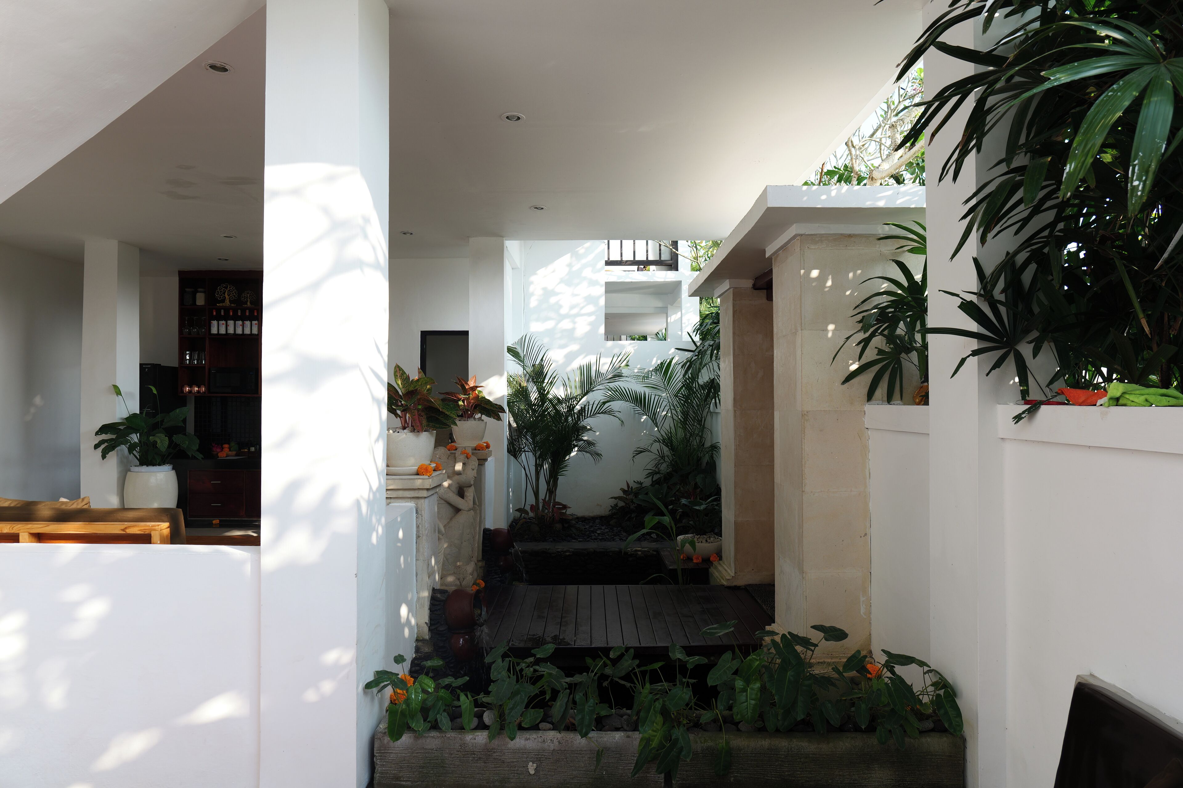 A modern interior with a central staircase, surrounded by potted plants and a white wall.