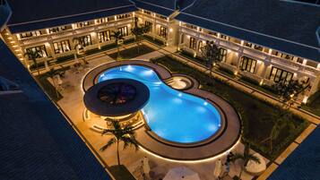 Outdoor pool, pool umbrellas, pool loungers