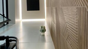 A modern hallway with a sleek, minimalist design, featuring a patterned wall, a recessed ceiling light, and a small decorative object on the floor.