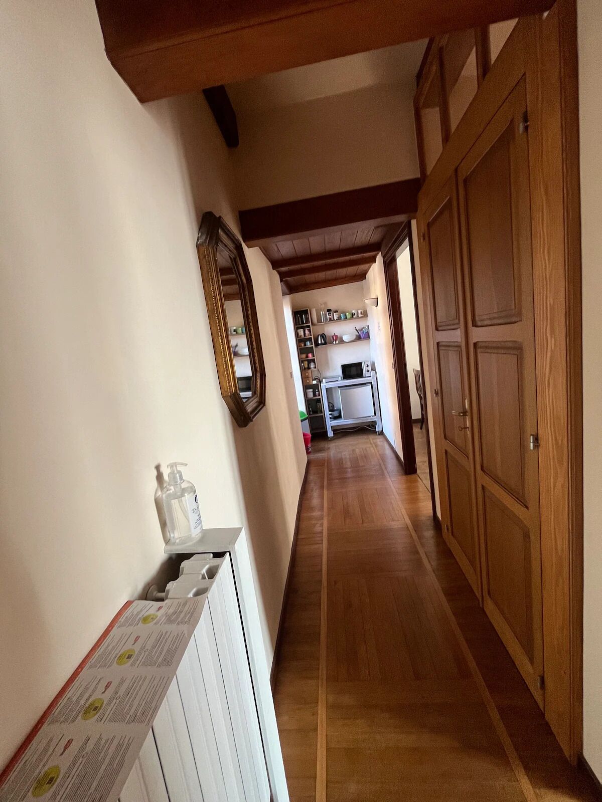 A hallway with wooden flooring, a white cabinet with a mirror, and a wooden door.