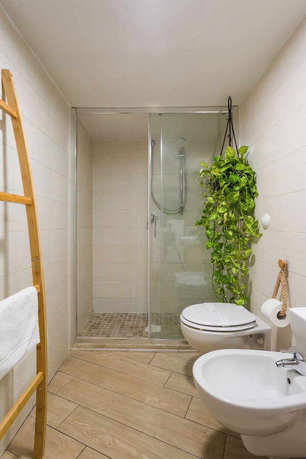 Shower, jetted tub, hair dryer, bidet