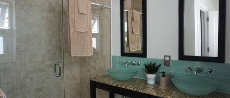 A bathroom with a glass shower enclosure, two sinks with a green bowl, a mirror, and a potted plant.