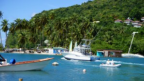 A marina with several boats docked, surrounded by lush greenery and a hillside with houses.