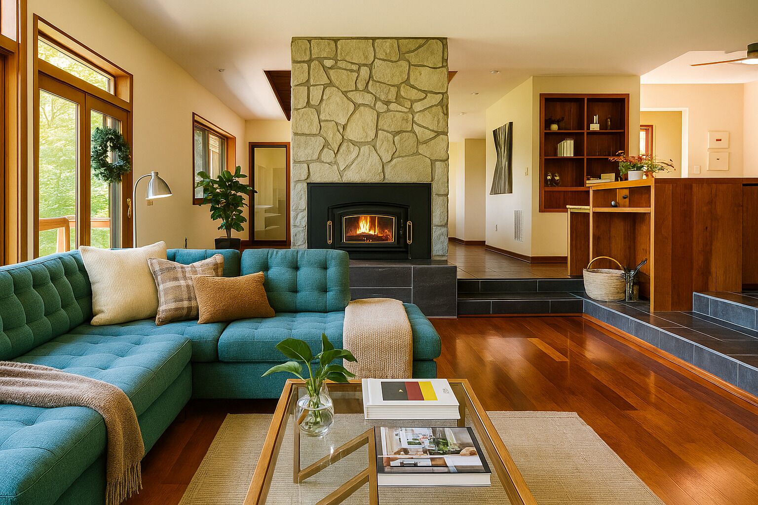 Smart TV, fireplace, video games, DVD player