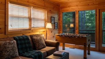 Smart TV, fireplace, foosball, books