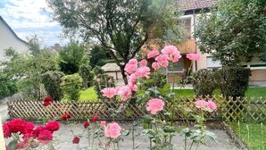 Ein Garten mit rosa Rosen, einem Holzzaun und einem Gebäude mit einem Ziegeldach im Hintergrund.