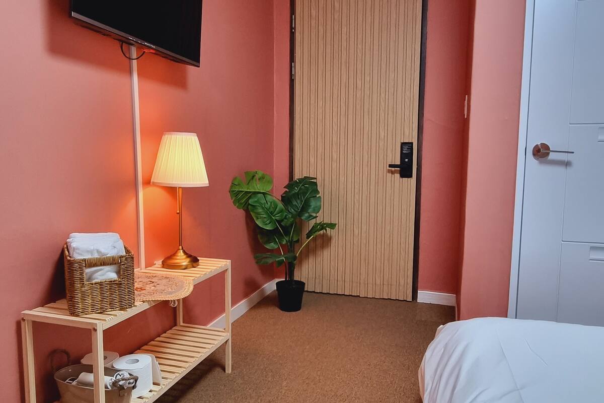 Habitación de hotel con una televisión de pantalla plana, una lámpara de noche, una planta en maceta, una puerta de madera y una cama blanca.