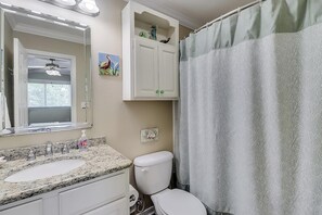 Hair dryer, towels, soap, toilet paper