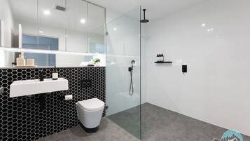 Shower, hair dryer, towels, shampoo
