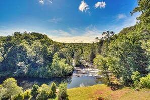 Un paisaje natural con un río, un bosque denso y un cielo despejado.