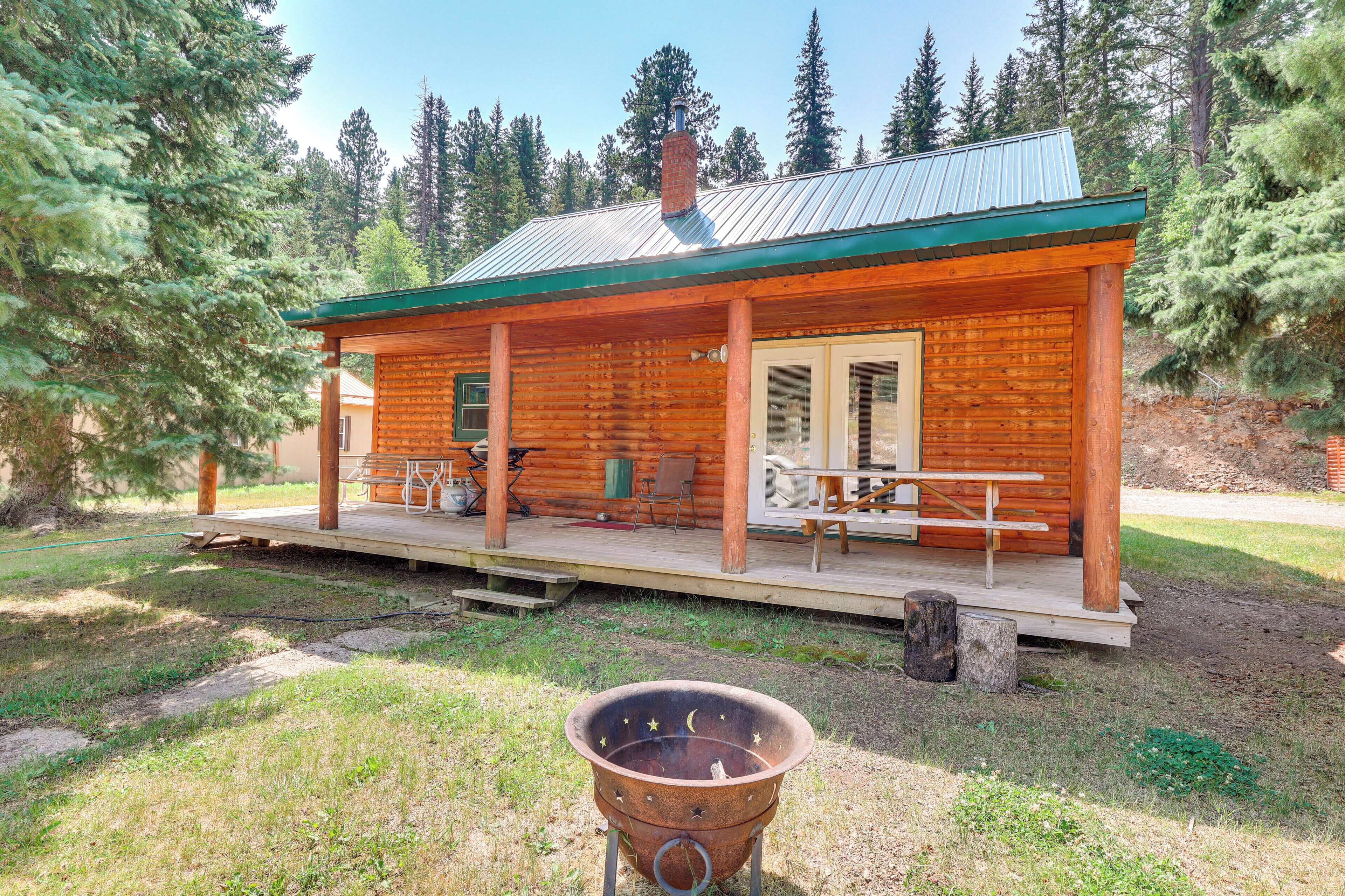 Un chalet rustique doté d’une véranda, d’un foyer et offrant une vue sur une forêt.